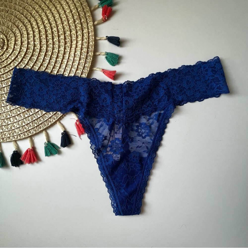 Victoria's Secret Posey Lace Lace-Up Thong Panty Blue XL NEW